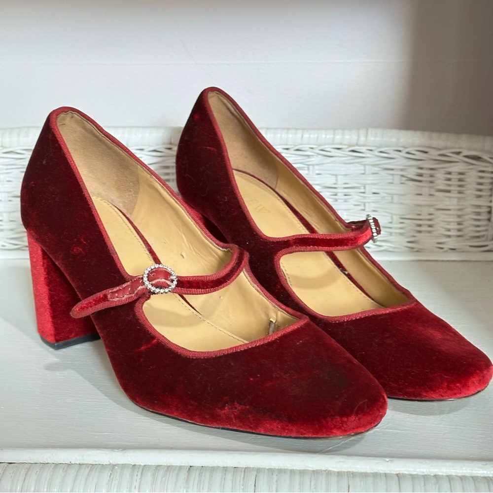 J.Crew Burgundy Velvet Mary Jane Block Heel Pumps Rhinestone Jewel Buckle Size8